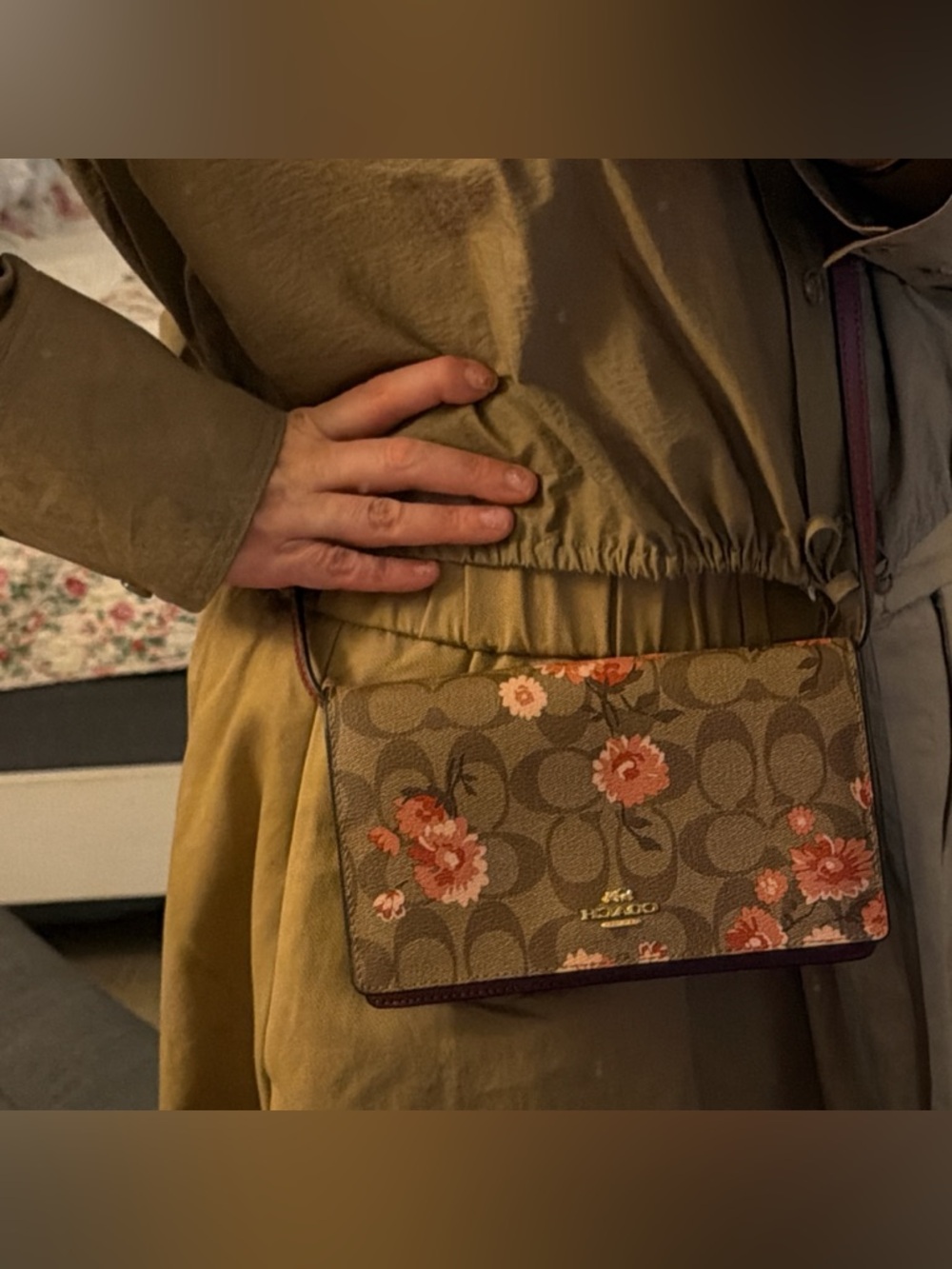 Coach Floral Signature Crossbody in Brown with Burgundy Strap and Pink Flowers